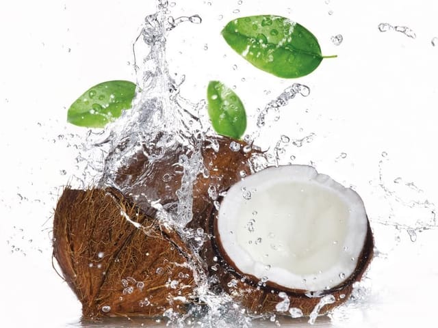 Fototapeta Kokos i Woda w Zieleni (kod: 18490) Fototapeta z rozłupanym kokosem, wodą i zielonymi liśćmi