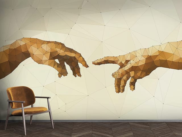 Fototapeta z geometrycznymi dłońmi na jasnym tle z trójkątnymi wzorami