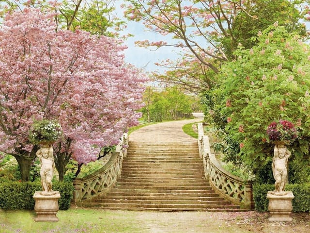 Fototapeta z kamiennymi schodami otoczonymi kwitnącymi drzewami i rzeźbami
