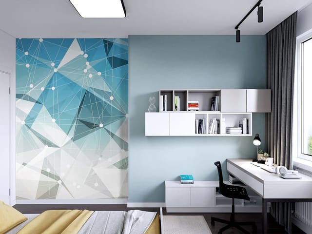 Fototapeta Geometryczne wzory z trójkątów (kod: 19741) Fototapeta z geometrycznymi wzorami trójkątów w odcieniach niebieskiego