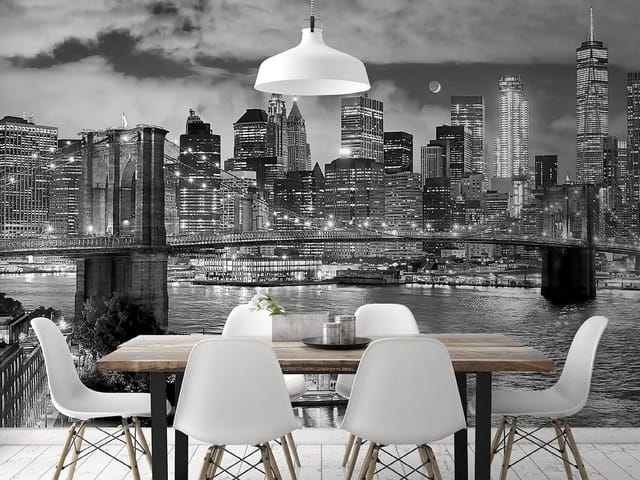 Fototapeta przedstawiająca most nad rzeką w Nowym Jorku z wieżowcami i nocnym niebem