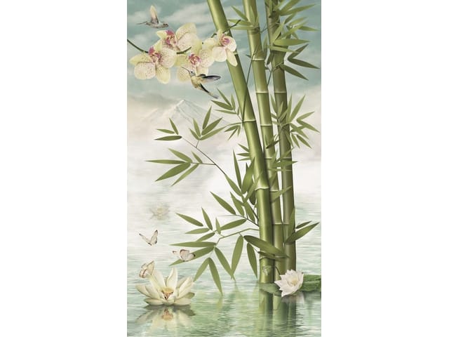 Fototapeta z bambusowymi łodygami, orchideami i wodą z odbiciem