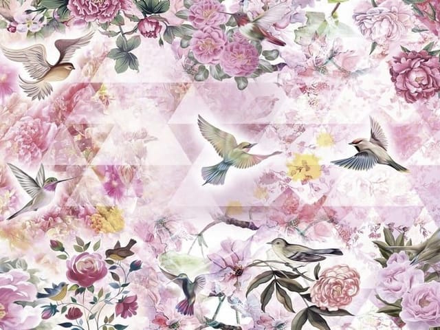 Fototapeta z różowymi kwiatami, ptakami i geometrycznym tłem