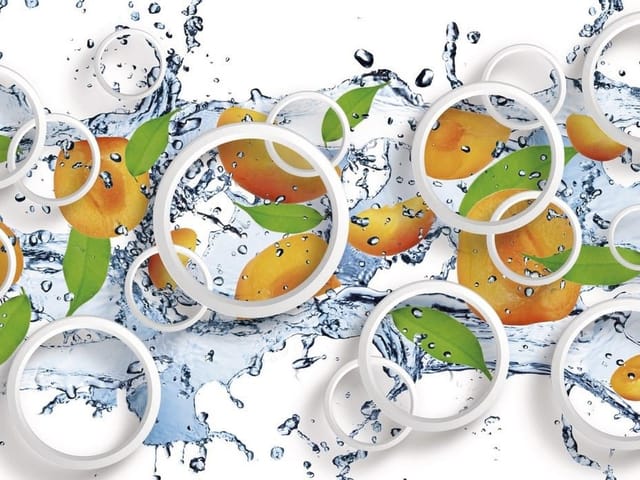 Fototapeta z pomarańczowymi owocami, zielonymi liśćmi i wodą