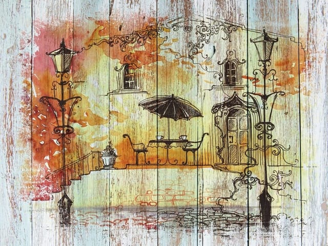 Fototapeta z kawiarnianym stolikiem i parasolem na tle ozdobnej ściany