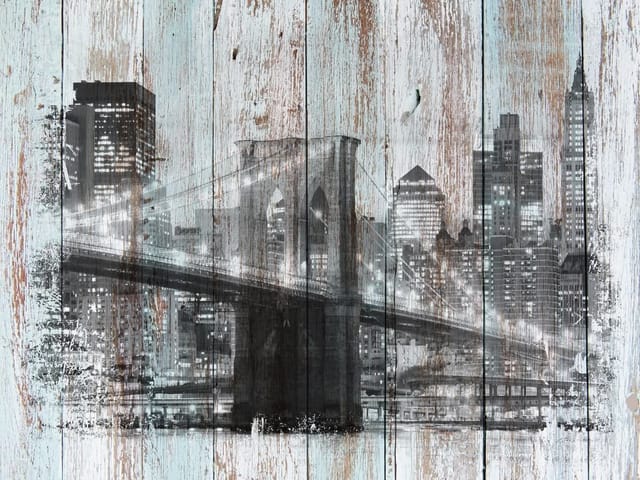 Fototapeta z mostem i miejską panoramą na tle drewnianych desek