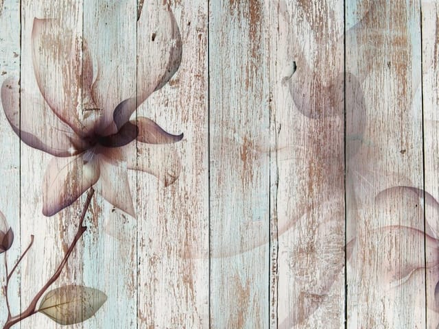 Fototapeta z dużym kwiatem magnolii na tle drewnianych desek