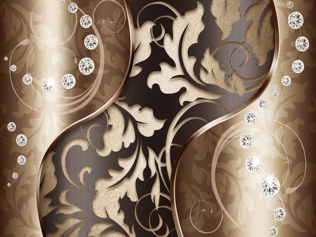 Fototapeta z ornamentami roślinnymi, złotymi liśćmi i kryształami