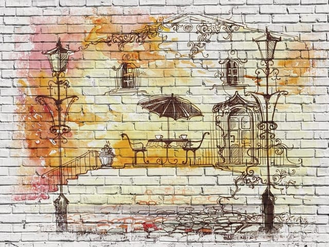 Fototapeta z ilustracją kawiarni na ceglanej ścianie z latarniami