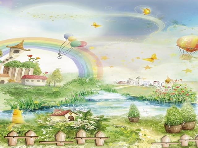 Fototapeta Bajkowy krajobraz z rzeką i tęczą