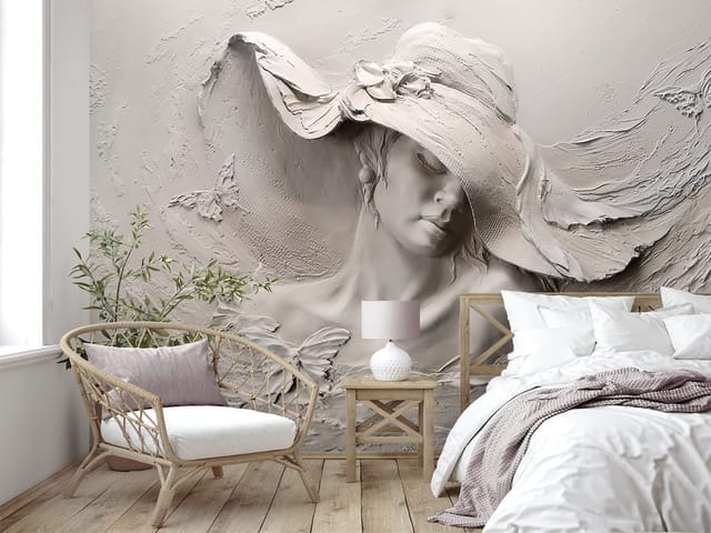 Fototapeta z reliefem kobiety w kapeluszu z kwiatem i falistą teksturą