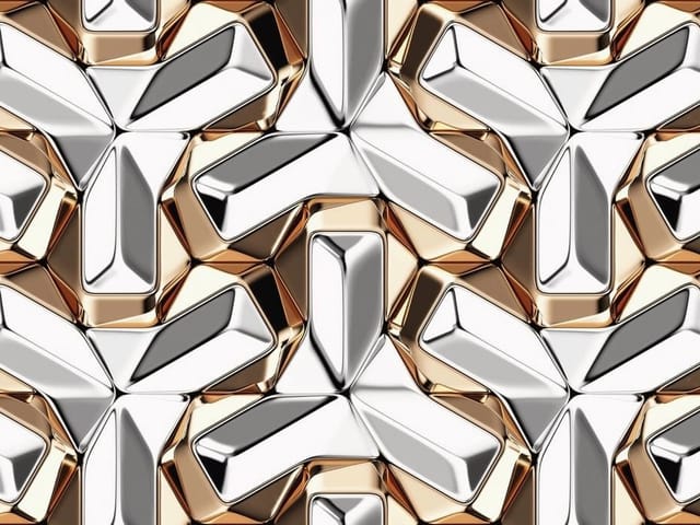 Fototapeta z geometrycznym wzorem i metalicznymi kształtami w złocie i srebrze