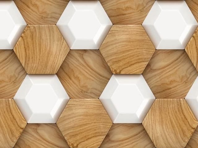 Fototapeta z drewnianymi i białymi heksagonami, geometryczny wzór