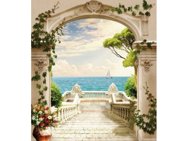 Fototapeta z kamiennym łukiem i żaglówką na spokojnym morzu