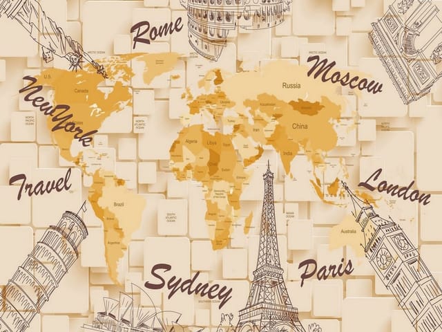 Fototapeta z mapą świata, nazwami miast i geometrycznymi kształtami