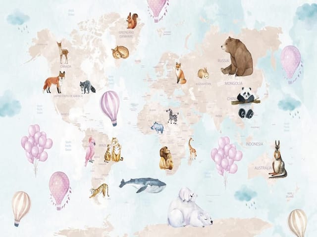 Fototapeta Mapa świata z ilustracjami zwierząt