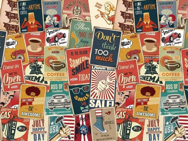 Fototapeta z kolorowymi plakatami retro i vintage napisami