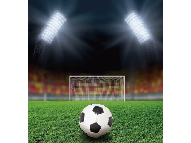 Fototapeta Piłka nożna na stadionie (mpn: 2142) Fototapeta z piłką nożną na murawie stadionu z bramką i trybunami