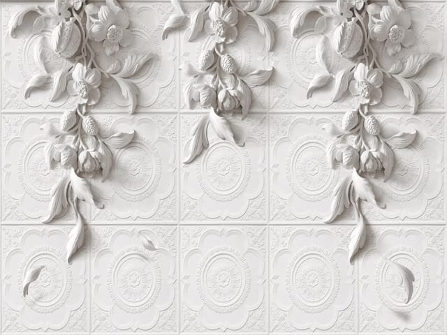 Fototapeta z ornamentami roślinnymi i kwiatami na płytkach z reliefem