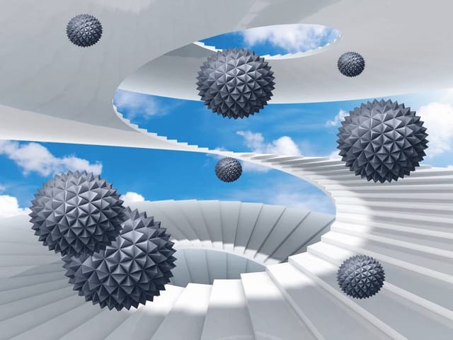 Fototapeta z białymi spiralnymi schodami i ciemnoszarymi kulami na tle nieba