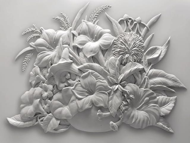 Fototapeta z detalicznie wyrzeźbionymi kwiatami i liśćmi w tle