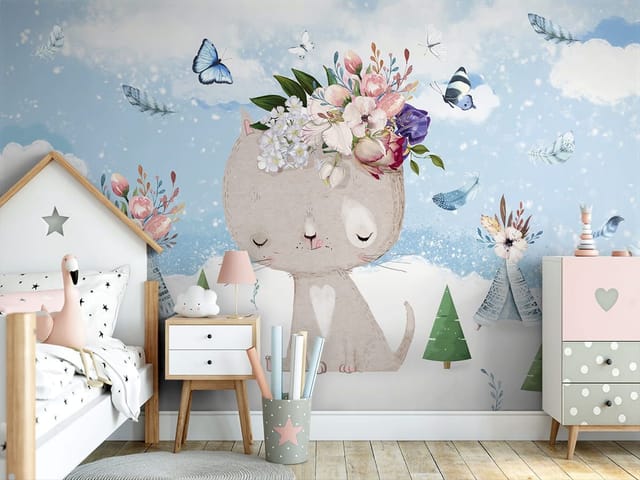 Fototapeta Kot z kwiatami na tle nieba