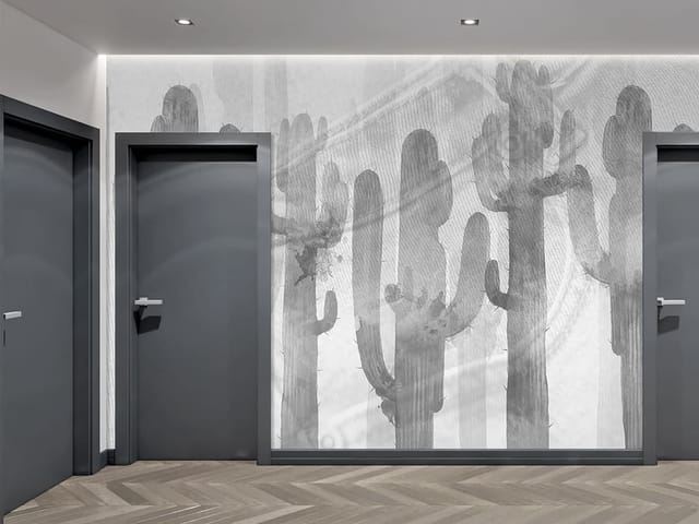 Fototapeta z sylwetkami kaktusów na jasnym tle z teksturą materiału