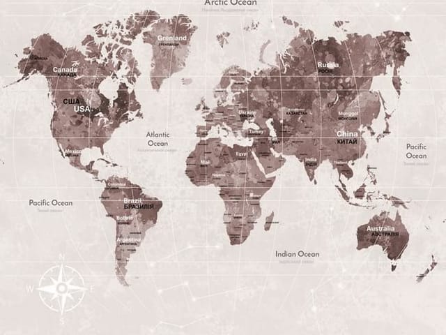 Fototapeta przedstawiająca mapę świata z kontynentami w odcieniach brązu