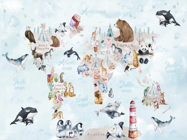 Fototapeta Mapa świata z zwierzętami dla dzieci