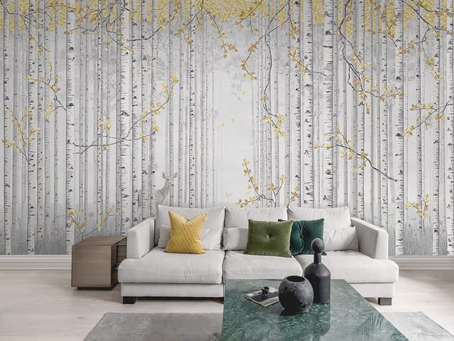 Fototapeta przedstawiająca las brzozowy z żółtymi liśćmi i mglistym tłem