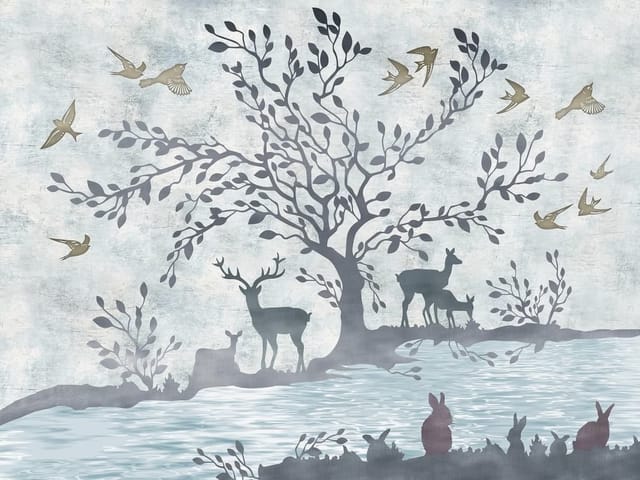 Fototapeta Drzewo z Jeleniami i Ptaki (kod: 21566) Fototapeta z dużym drzewem, sylwetkami jeleni i ptakami w locie