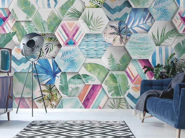 Fototapeta z heksagonalnymi wzorami i motywami roślinnymi, liście palmowe