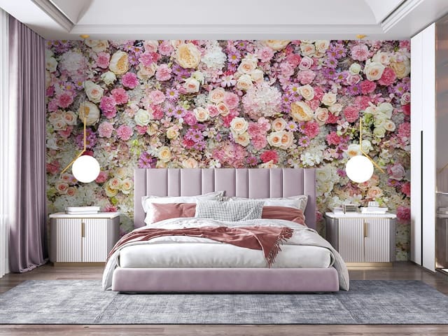 Fototapeta z różowymi różami, białymi hortensjami i fioletowymi stokrotkami