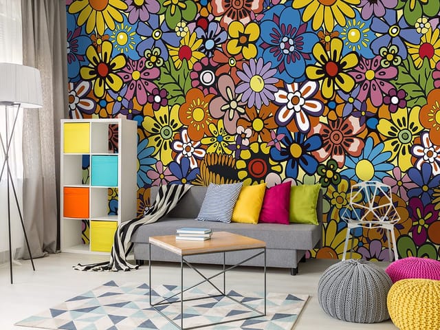 Fototapeta z kolorowym wzorem kwiatowym, pełna różnorodnych kwiatów