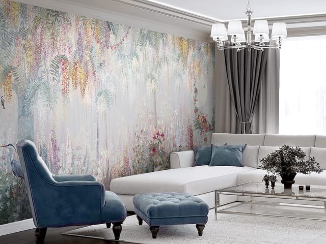 Fototapeta z gęstą roślinnością i różnorodnymi kwiatami oraz drzewami