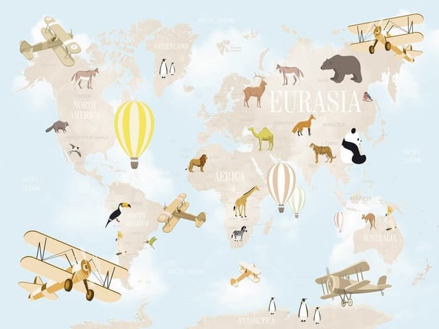Fototapeta Mapa świata z samolotami i zwierzętami