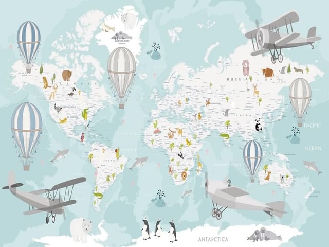 Fototapeta Mapa świata z balonami i samolotami