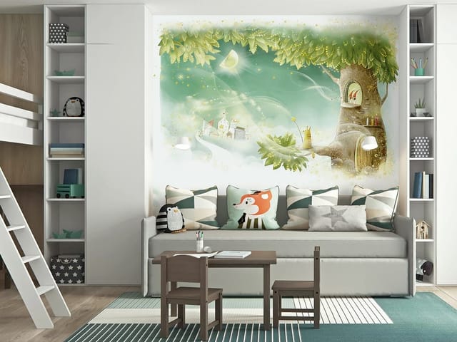 Fototapeta Domek na drzewie z postaciami (mpn: 223) Fototapeta z drzewem z domkiem, postaciami i księżycem na niebie