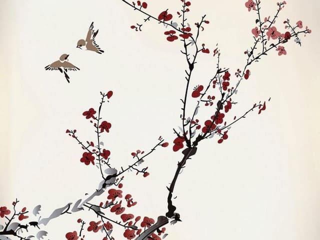 Fototapeta Sakura z czerwonymi kwiatami (mpn: 2310) Fototapeta z gałęzią drzewa sakura z czerwonymi kwiatami i ptakami