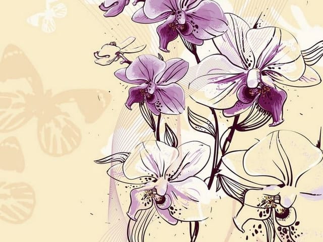 Fototapeta Fioletowe orchidee na łodydze (mpn: 2324) Fototapeta z fioletowymi kwiatami orchidei na jasnym tle z delikatnymi wzorami