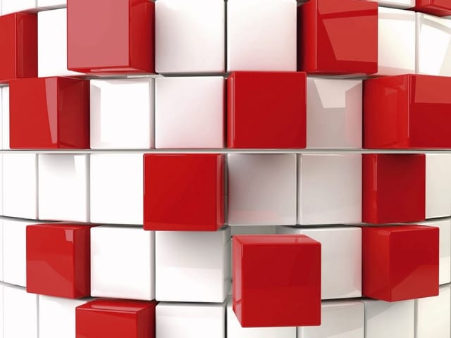 Fototapeta z czerwonymi i białymi sześcianami w geometrycznej kompozycji