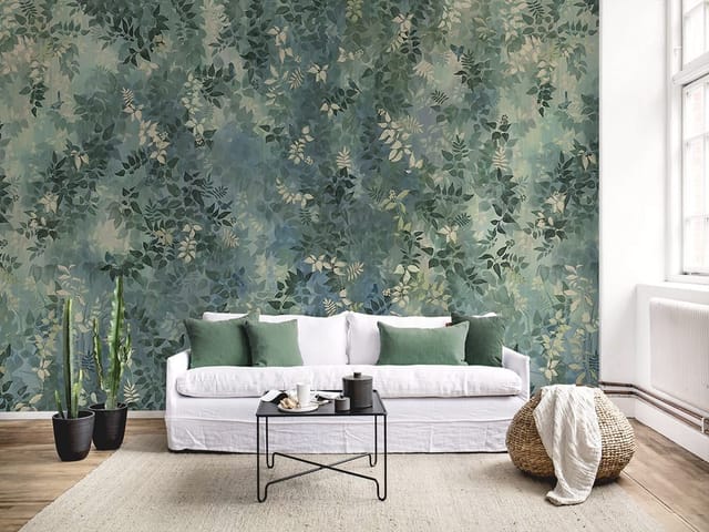 Fototapeta z gęstą zieloną roślinnością i różnorodnymi liśćmi