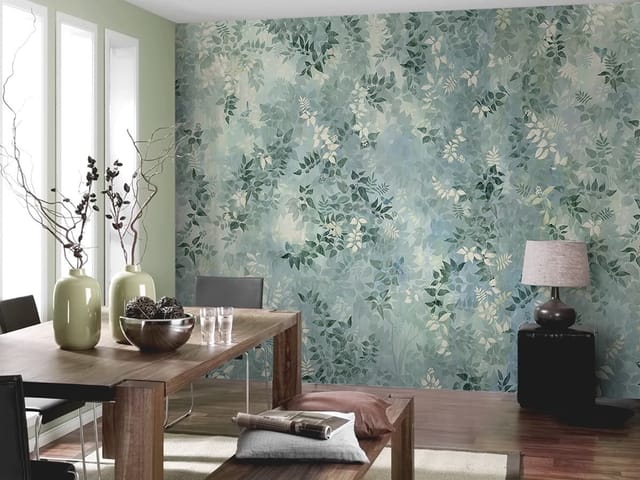 Fototapeta przedstawiająca gęstą roślinność z różnorodnymi liśćmi na tle