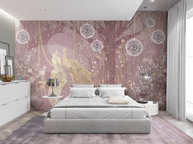 Fototapeta z dwoma złotymi pawiami na gałęzi, drzewem i księżycem