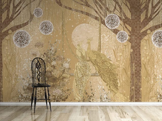 Fototapeta z dwoma pawiami na huśtawce, otoczonymi roślinnością i księżycem