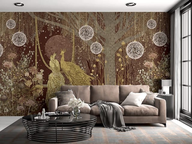 Fototapeta z dwoma złotymi pawiami na gałęzi w otoczeniu roślinności