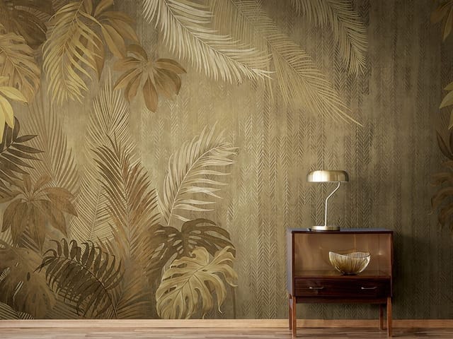 Fototapeta z dużymi liśćmi palmowymi i monsterą na tle jodełki