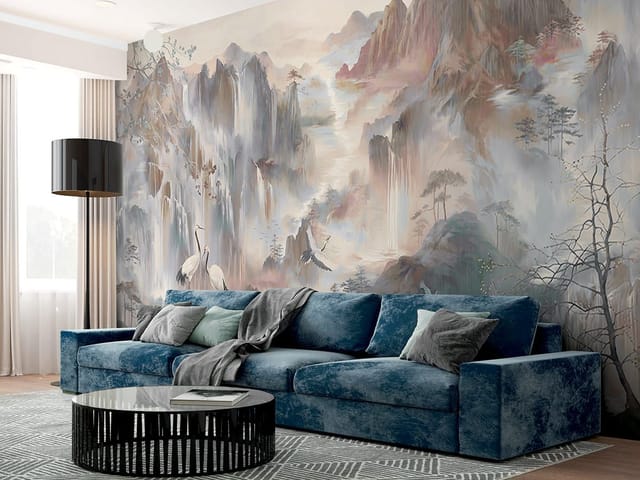 Fototapeta z krajobrazem górskim, wodospadami i mgłą w dolinie