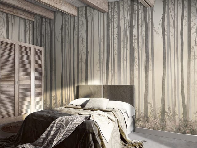 Fototapeta Leśne drzewa i mglisty horyzont (kod: 23492) Fototapeta z wysokimi drzewami w lesie, delikatne gałęzie i liście