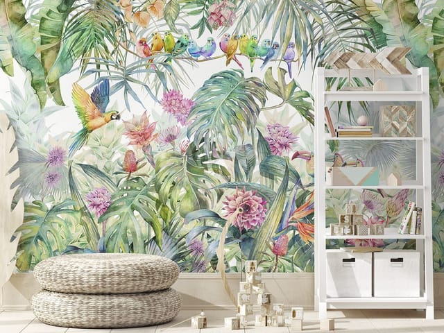 Fototapeta z kolorowymi ptakami na gałęzi wśród tropikalnej roślinności